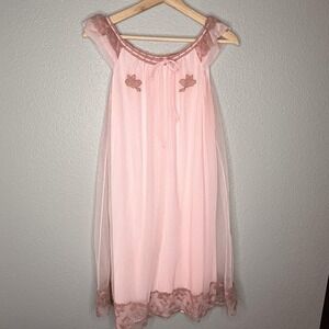 VTG 1960s Pink Sheer Chiffon Babydoll Nightgown Lace Applique Lingerie Slip S